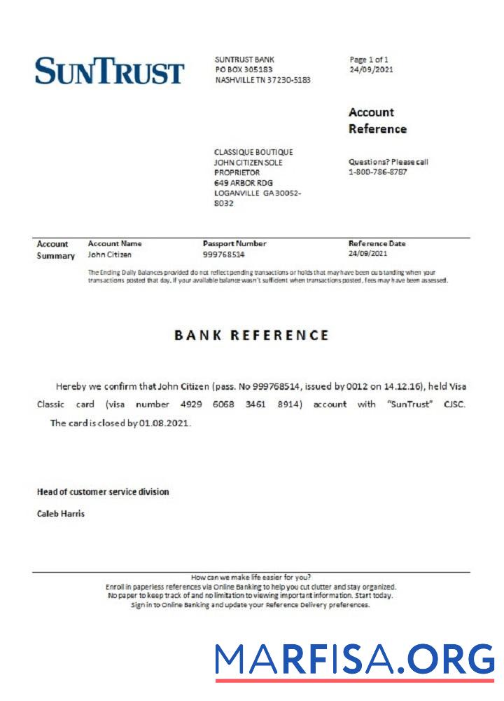 Printable USA Suntrust closure reference download for verification
